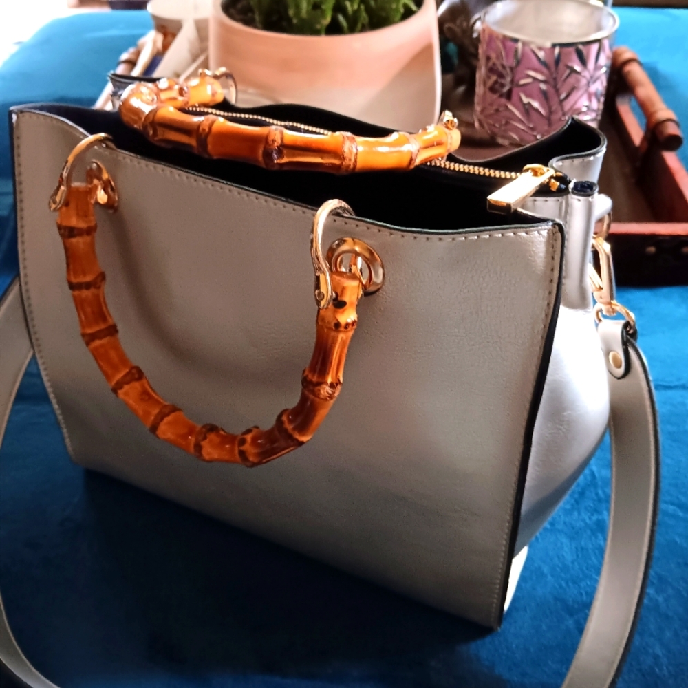 Elegant Gray Handbag with Bamboo Handles